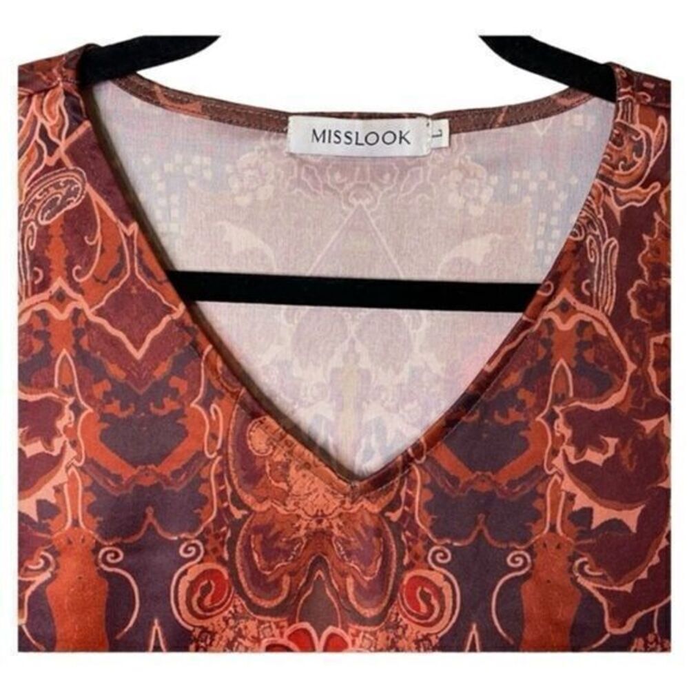 Retro Maroon Brown V-Neck Long Sleeve A-Line Mini‎ Dress or Tunic N068 - Picture 4 of 6